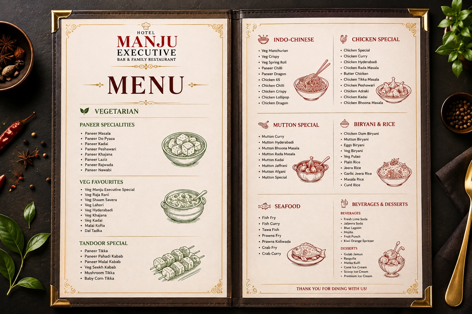 Food and menu at Hotel Manju Executive